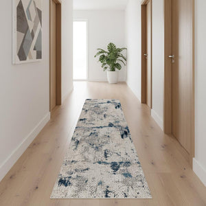 HomeRoots 14' Contemporary Blue Beige Gray Abstract Runner Rug - Durable, Stain-Resistant, Soft Underfoot Comfort 610293