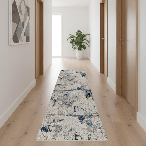 HomeRoots 14' Contemporary Blue Beige Gray Abstract Runner Rug - Durable, Stain-Resistant, Soft Underfoot Comfort 610293