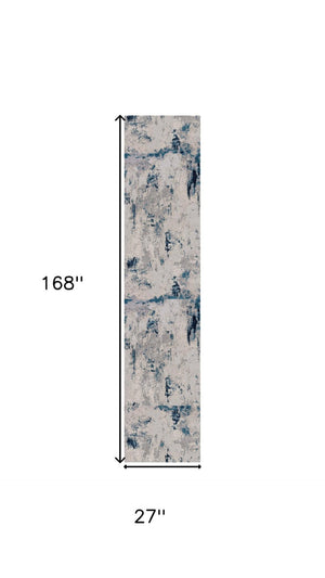 HomeRoots 14' Contemporary Blue Beige Gray Abstract Runner Rug - Durable, Stain-Resistant, Soft Underfoot Comfort 610293