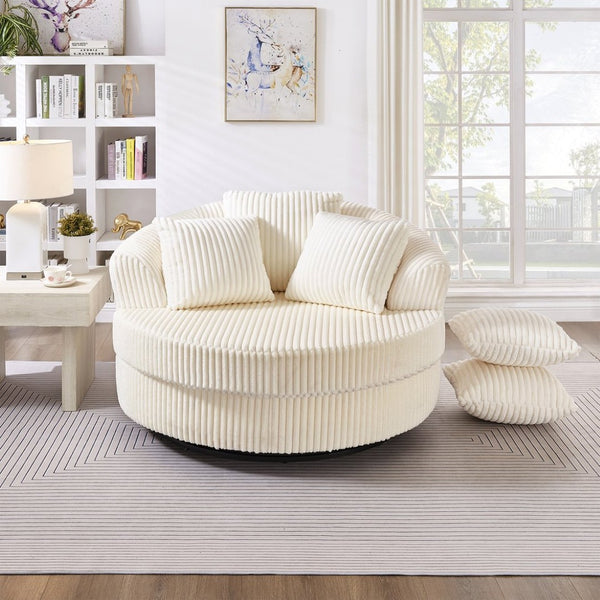 English Elm 360° 360 Swivel Round Lounge Chair Corduroy Upholstered Sculptural Seat with Removable Pillows Beige W3705S00037