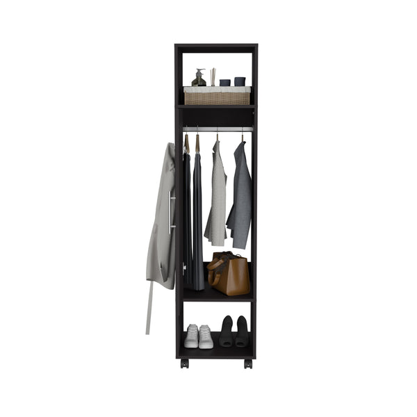 English Elm Cluster 63" Tall Wardrobe Cabinet with Mirror, Shelves, Hanging Rod, Casters – Space-Saving Black Organizer B070P210733