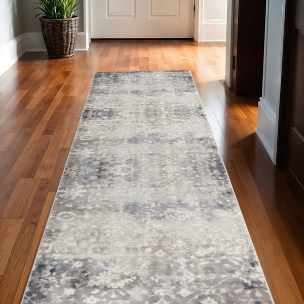 HomeRoots 2' Navy Blue & Beige Abstract Runner Rug - Durable, Stain-Resistant Design for High-Traffic Areas 610384