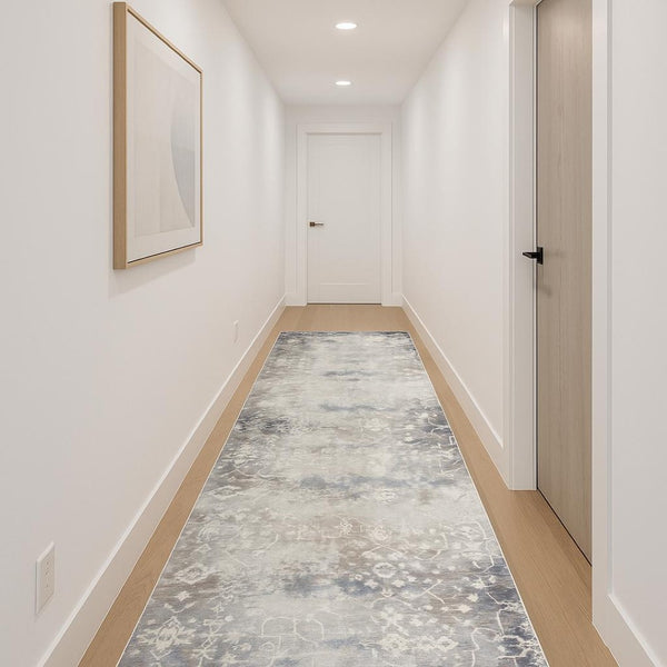 HomeRoots 19' Runner - Stylish Navy Blue & Beige Abstract Rug for High-Traffic Hallways, Durable & Easy Care 610386