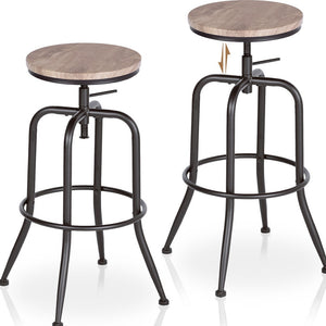 Homeroots Set Of Two Adjustable Height Swivel Bar Chairs In Walnut And Black Iron For Stylish Comfort   610391