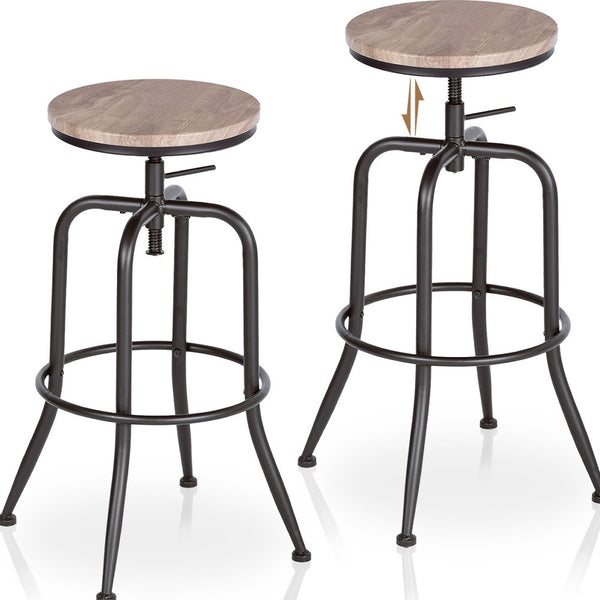 Homeroots Set Of Two Adjustable Height Swivel Bar Chairs In Walnut And Black Iron For Stylish Comfort   610391