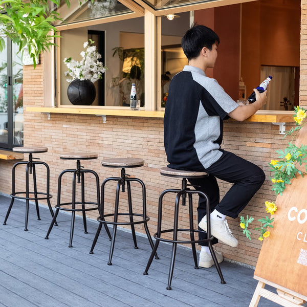 Homeroots Set Of Two Adjustable Height Swivel Bar Chairs In Walnut And Black Iron For Stylish Comfort   610391