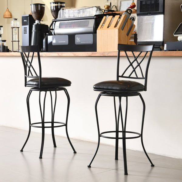 Homeroots Set Of Two 24" Black Faux Leather Swivel Bar Chairs With Iron Frame For Chic Modern Decor   610392