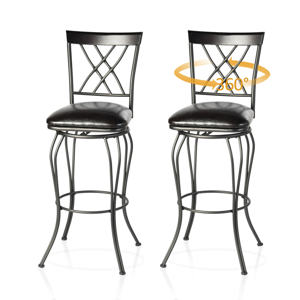 Homeroots Set Of Two 24" Black Faux Leather Swivel Bar Chairs With Iron Frame For Chic Modern Decor   610392