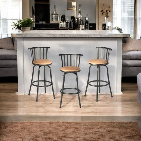 Homeroots Set Of Three Stylish Brown & Black Faux Leather Swivel Bar Chairs With Adjustable Height & Comfort   610396