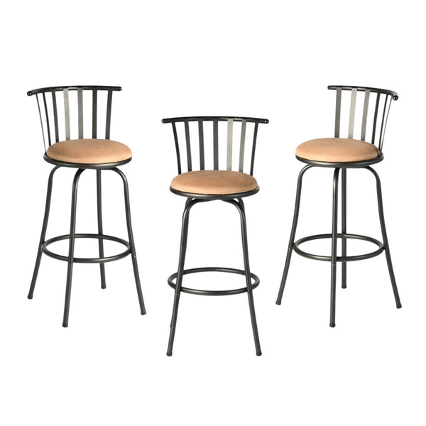 HomeRoots Set of Three Adjustable Height Swivel Bar Chairs in Khaki Faux Leather & Black Iron Base for Modern Spaces 610396