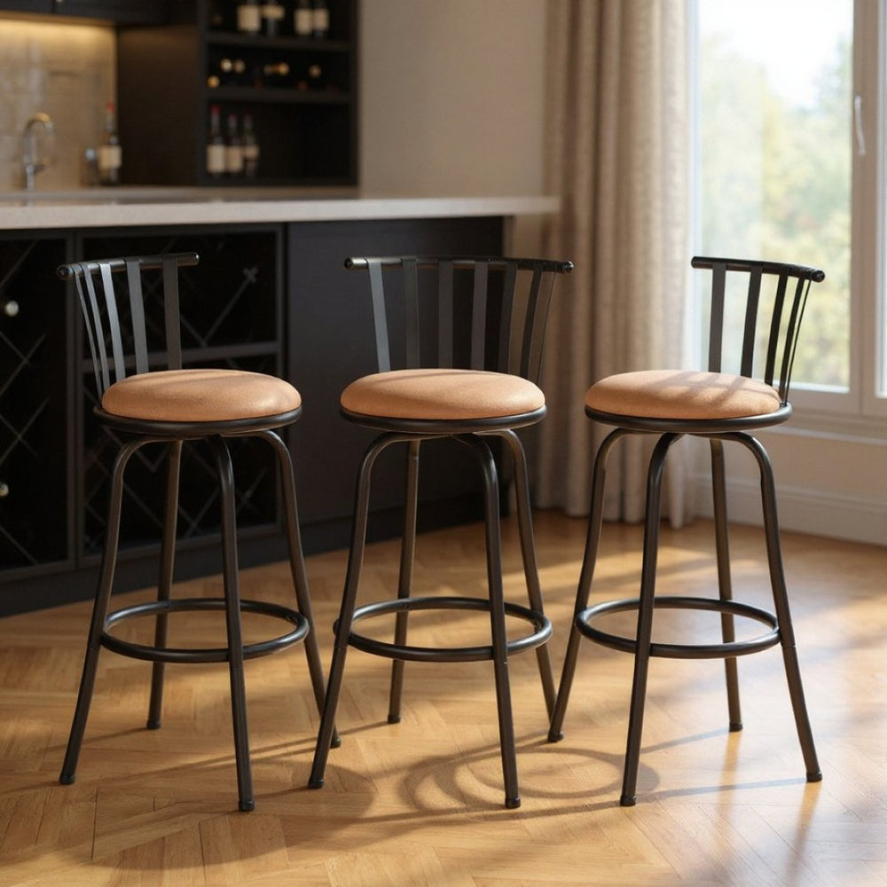 HomeRoots Set of Three Adjustable Height Swivel Bar Chairs in Khaki Faux Leather & Black Iron Base for Modern Spaces 610396