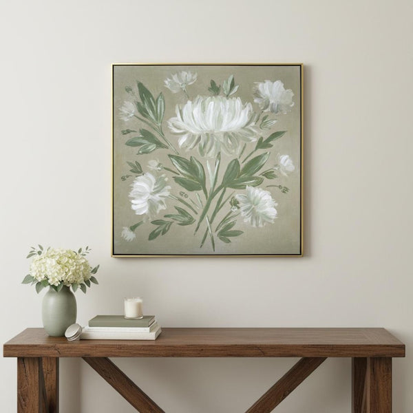 HomeRoots White Flower Bouquet Wall Art in Gold Floater Frame – Hand-Finished Canvas for Elegant Decor 610400