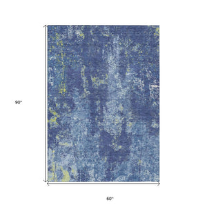 HomeRoots 5' Navy Blue and Denim Abstract Area Rug - Washable, Durable Design for Indoor and Outdoor Use 5' X 8' 610409