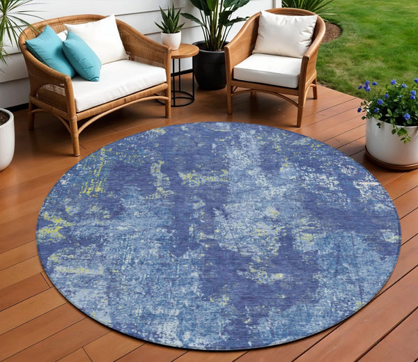 HomeRoots 5' Navy Blue and Denim Abstract Area Rug - Washable, Durable Design for Indoor and Outdoor Use 8' Round 610410