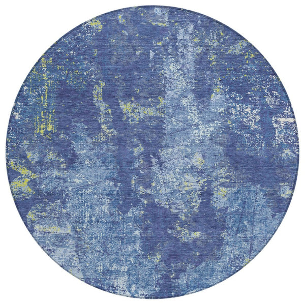 HomeRoots 5' Navy Blue and Denim Abstract Area Rug - Washable, Durable Design for Indoor and Outdoor Use 8' Round 610410