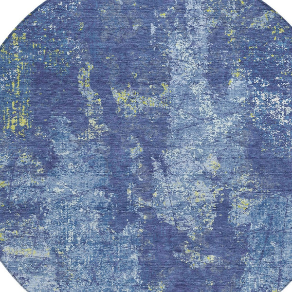 HomeRoots 5' Navy Blue and Denim Abstract Area Rug - Washable, Durable Design for Indoor and Outdoor Use 8' Round 610410