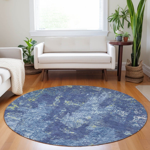 HomeRoots 5' Navy Blue and Denim Abstract Area Rug - Washable, Durable Design for Indoor and Outdoor Use 8' Round 610410