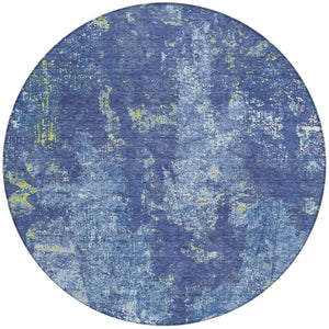 HomeRoots 5' Navy Blue and Denim Abstract Area Rug - Washable, Durable Design for Indoor and Outdoor Use 8' Round 610410