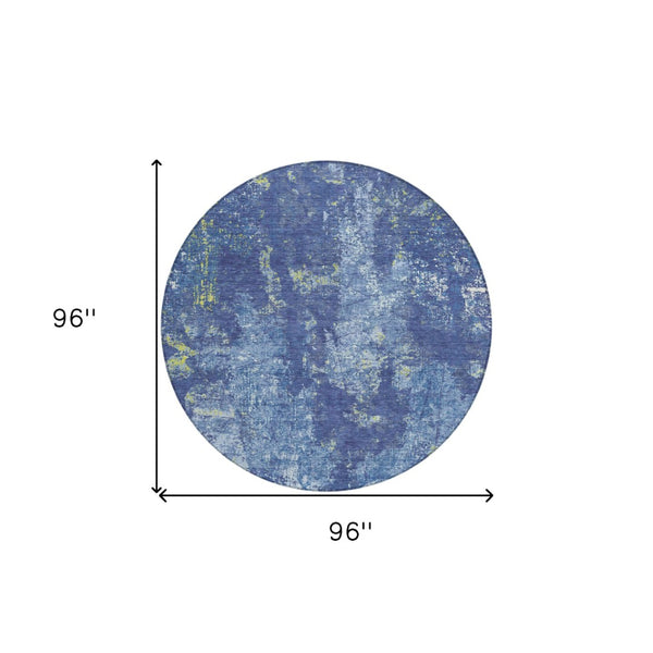 HomeRoots 5' Navy Blue and Denim Abstract Area Rug - Washable, Durable Design for Indoor and Outdoor Use 8' Round 610410