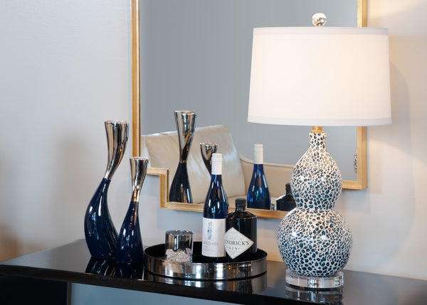 Wildwood Snow Leopard Lamp Double-Gourd Ceramic With Teal Black White Animal Print On Clear Base, 29" Tall Decorative Lighting 61043