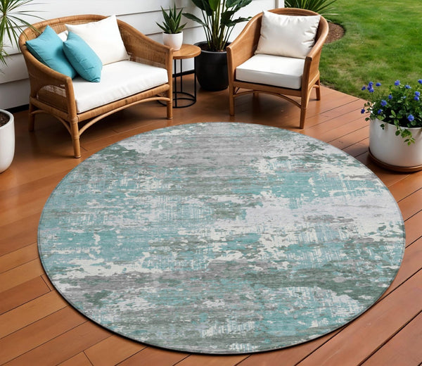 HomeRoots 5' Coastal-Inspired Blue and Teal Abstract Area Rug - Durable, Washable for Indoor & Outdoor Use 8' Round 610440
