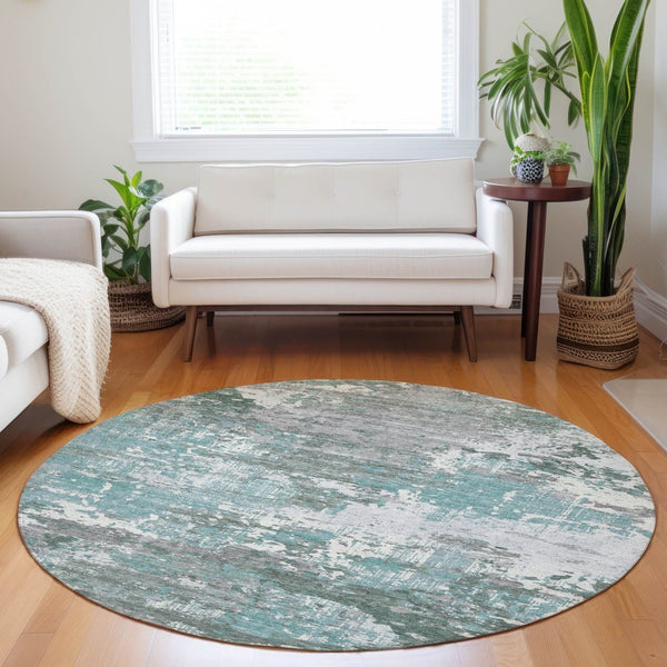HomeRoots 5' Coastal-Inspired Blue and Teal Abstract Area Rug - Durable, Washable for Indoor & Outdoor Use 8' Round 610440