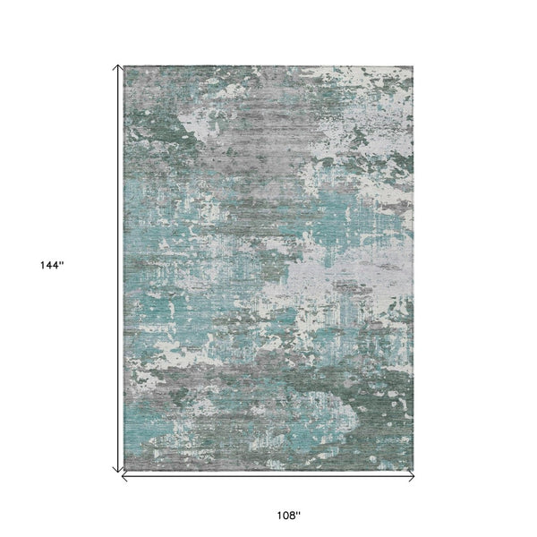 HomeRoots 9' X 12' Blue & Teal Abstract Washable Area Rug - Stylish, Durable, Indoor/Outdoor Versatility 610442