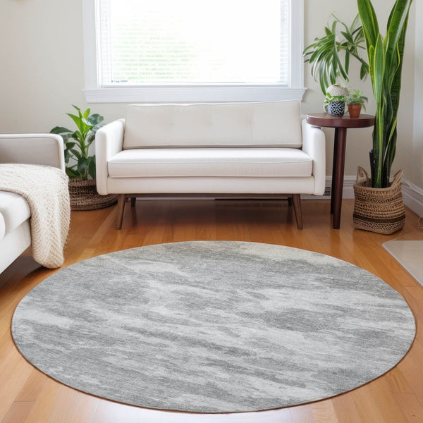 HomeRoots 5' Stylish Silver and Gray Abstract Area Rug - Durable, Washable, Perfect for Indoor or Outdoor Spaces 8' Round 610446