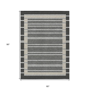 HomeRoots 5' Black and Beige Striped Washable Area Rug - Durable, Stylish Design for Indoor and Outdoor Spaces 5' X 8' 610457