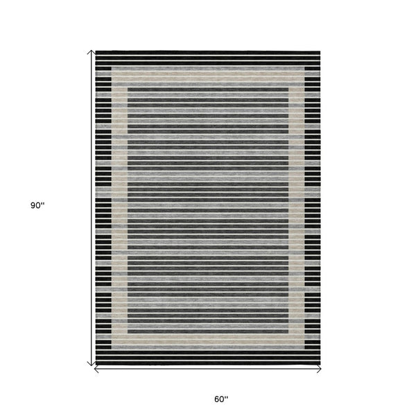 HomeRoots 5' Black and Beige Striped Washable Area Rug - Durable, Stylish Design for Indoor and Outdoor Spaces 5' X 8' 610457