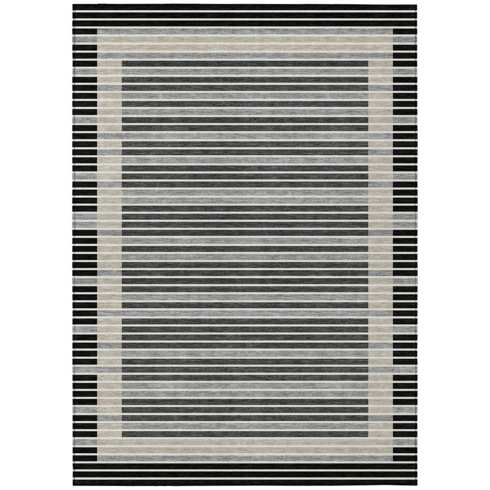 HomeRoots 5' Black and Beige Striped Washable Area Rug - Durable, Stylish Design for Indoor and Outdoor Spaces 5' X 8' 610457