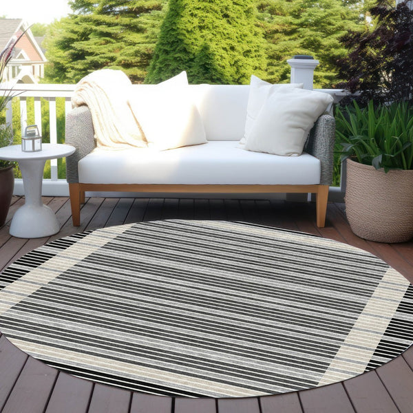 HomeRoots 8' Round Black and Beige Striped Area Rug – Stylish, Washable, Durable for Indoor & Outdoor Spaces 610458