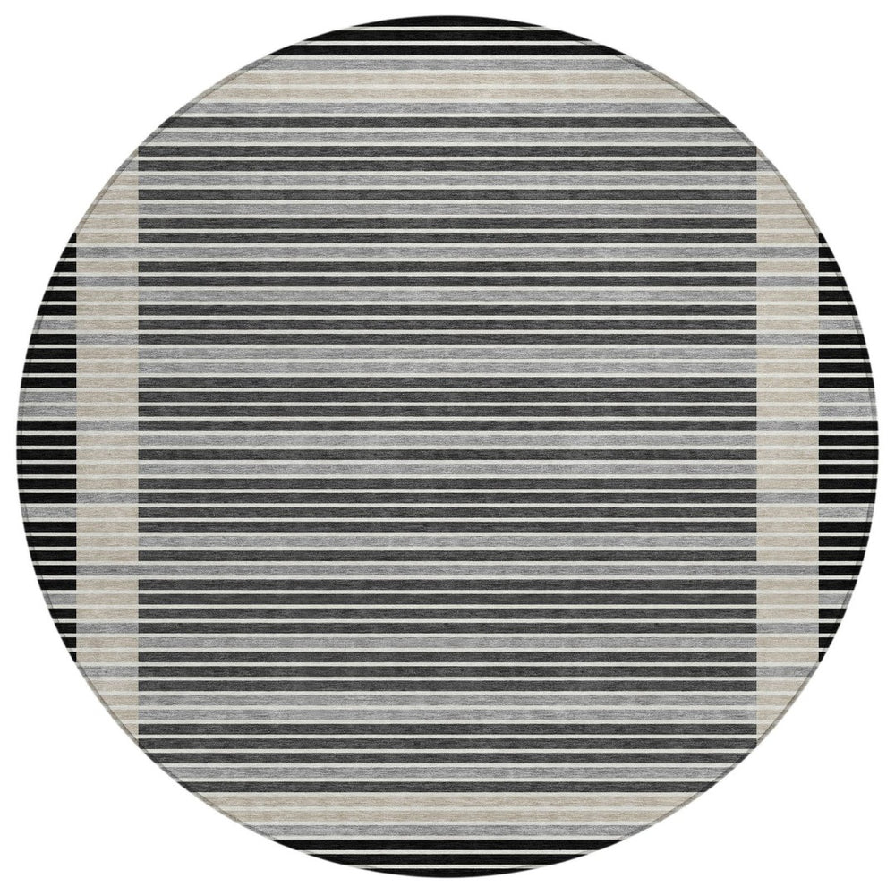 HomeRoots 8' Round Black and Beige Striped Area Rug – Stylish, Washable, Durable for Indoor & Outdoor Spaces 610458