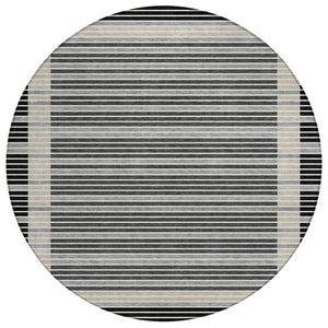 HomeRoots 8' Round Black and Beige Striped Area Rug – Stylish, Washable, Durable for Indoor & Outdoor Spaces 610458