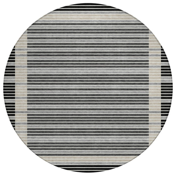 HomeRoots 8' Round Black and Beige Striped Area Rug – Stylish, Washable, Durable for Indoor & Outdoor Spaces 610458