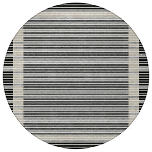 HomeRoots 8' Round Black and Beige Striped Area Rug – Stylish, Washable, Durable for Indoor & Outdoor Spaces 610458