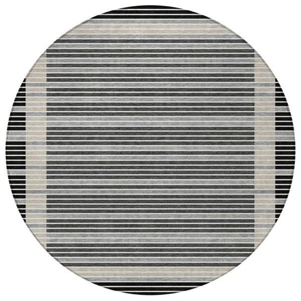 HomeRoots 8' Round Black and Beige Striped Area Rug – Stylish, Washable, Durable for Indoor & Outdoor Spaces 610458