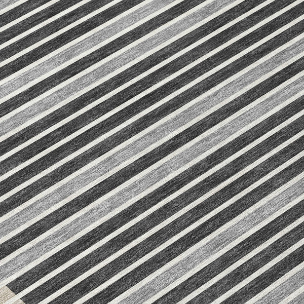 HomeRoots 8' Round Black and Beige Striped Area Rug – Stylish, Washable, Durable for Indoor & Outdoor Spaces 610458