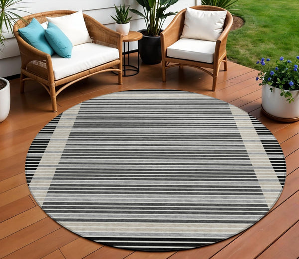 HomeRoots 8' Round Black and Beige Striped Area Rug – Stylish, Washable, Durable for Indoor & Outdoor Spaces 610458
