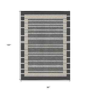 HomeRoots 5' Black and Beige Striped Washable Area Rug - Durable, Stylish Design for Indoor and Outdoor Spaces 8' X 10' 610459