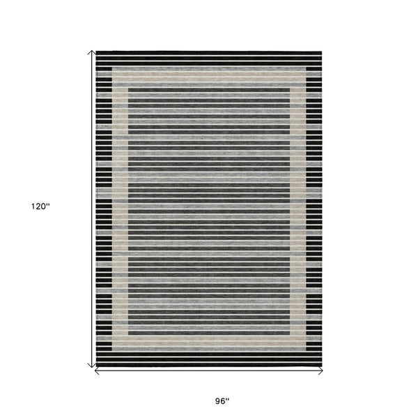 HomeRoots 5' Black and Beige Striped Washable Area Rug - Durable, Stylish Design for Indoor and Outdoor Spaces 8' X 10' 610459