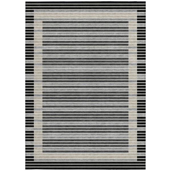 HomeRoots 5' Black and Beige Striped Washable Area Rug - Durable, Stylish Design for Indoor and Outdoor Spaces 9' X 12' 610460