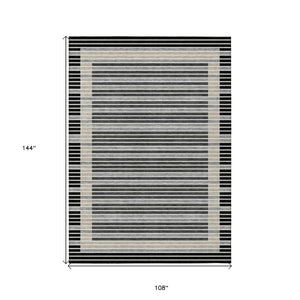 HomeRoots 5' Black and Beige Striped Washable Area Rug - Durable, Stylish Design for Indoor and Outdoor Spaces 9' X 12' 610460