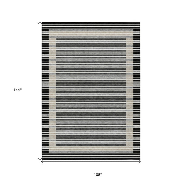 HomeRoots 5' Black and Beige Striped Washable Area Rug - Durable, Stylish Design for Indoor and Outdoor Spaces 9' X 12' 610460