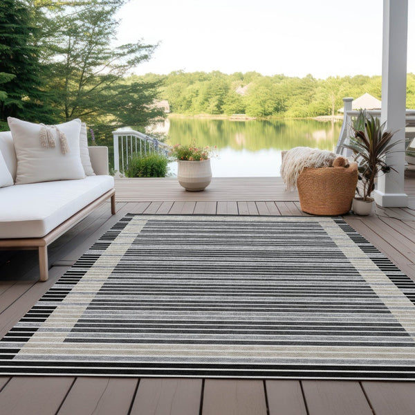 HomeRoots 5' Black and Beige Striped Washable Area Rug - Durable, Stylish Design for Indoor and Outdoor Spaces 9' X 12' 610460