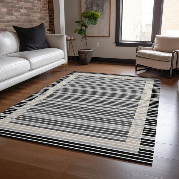 HomeRoots 5' Black and Beige Striped Washable Area Rug - Durable, Stylish Design for Indoor and Outdoor Spaces 9' X 12' 610460
