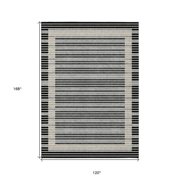 HomeRoots 5' Black and Beige Striped Washable Area Rug - Durable, Stylish Design for Indoor and Outdoor Spaces 10' X 14' 610461