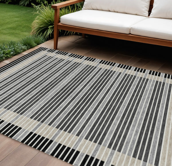 HomeRoots 5' Black and Beige Striped Washable Area Rug - Durable, Stylish Design for Indoor and Outdoor Spaces 10' X 14' 610461