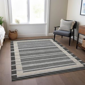 HomeRoots 5' Black and Beige Striped Washable Area Rug - Durable, Stylish Design for Indoor and Outdoor Spaces 10' X 14' 610461