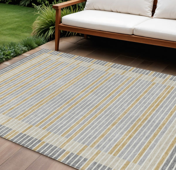 HomeRoots 5' Stylish Gray and Silver Striped Washable Area Rug for High-Traffic Indoor and Outdoor Spaces 8' X 10' 610471